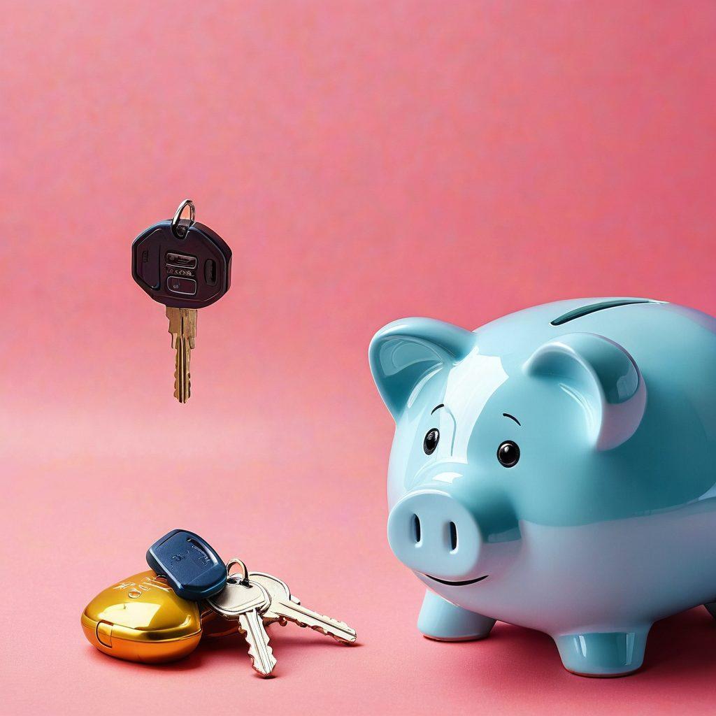 A vivid illustration of a car key unlocking a piggy bank, surrounded by colorful discount tags and car icons in the background. The scene exudes a sense of financial freedom and smart decision-making, representing savings on car insurance. Incorporate a bright blue sky and soft clouds for a hopeful atmosphere. super-realistic. vibrant colors. white background.