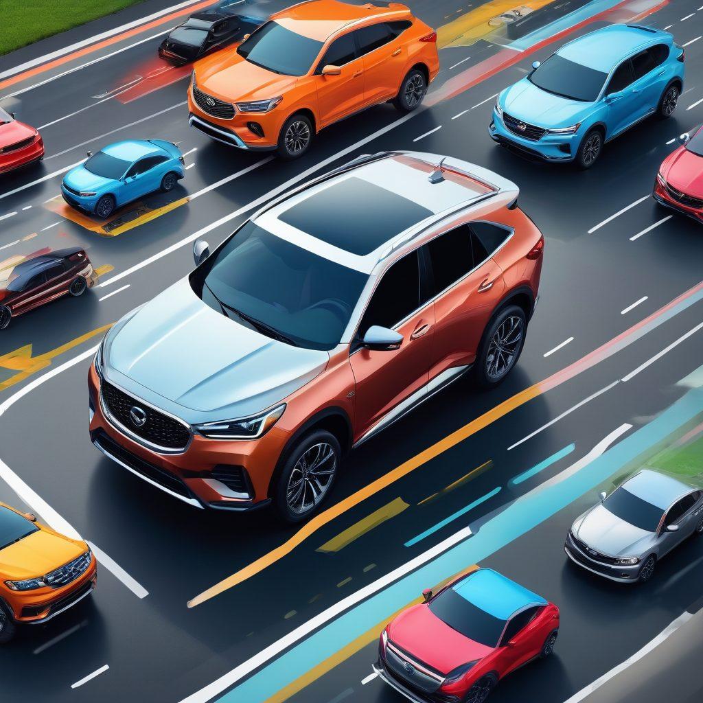 A dynamic collage showcasing various vehicles such as a sedan, SUV, and motorcycle, each encircled by icons representing different types of auto coverage options like liability, collision, and comprehensive. In the background, include a roadmap symbolizing a journey to better insurance choices. Bright colors and a sense of motion will make the image engaging. vector art. vibrant colors. 3D elements.