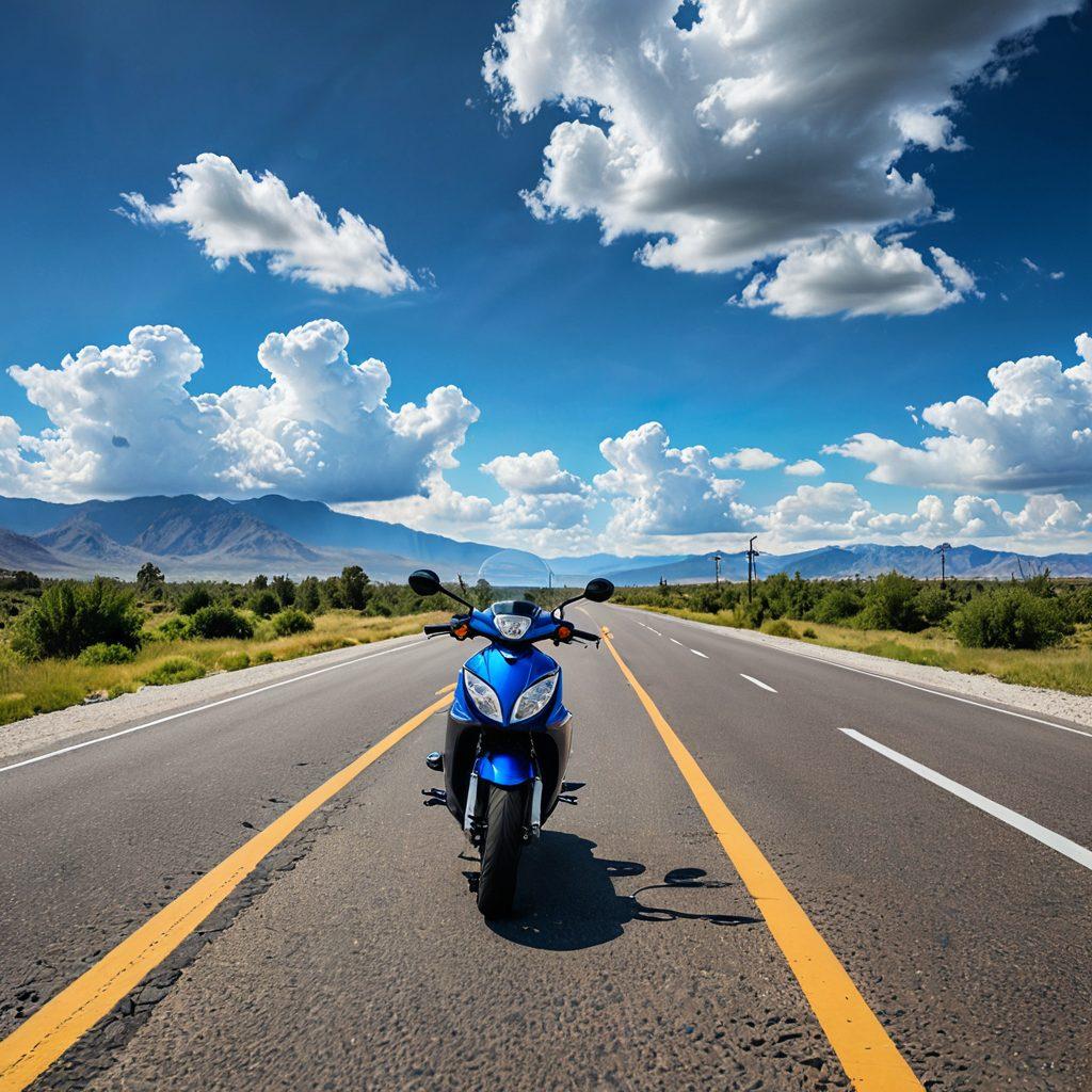 An open road stretching into the distance, flanked by various vehicles including a compact car, a motorcycle, and an electric scooter, showcasing diversity in vehicle options. Above them, price tags with various amounts symbolize cost-effective coverage solutions. The sky is bright with scattered clouds, evoking a sense of freedom and exploration. A subtle overlay of a search magnifying glass emphasizes the theme of exploring options. vibrant colors. super-realistic.
